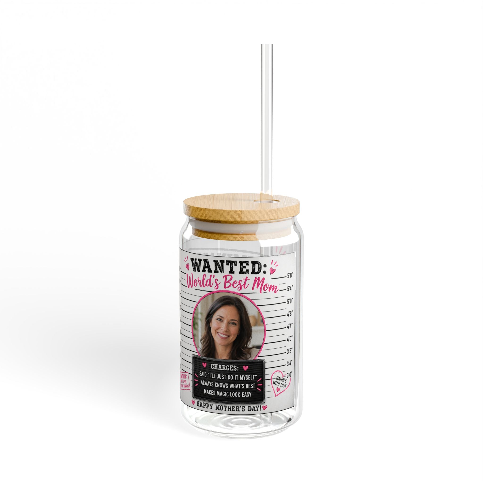 Personalized 16oz Sipper Glass — "World's Best Mom" Photo Gift (Includes Funny Mom Quotes)